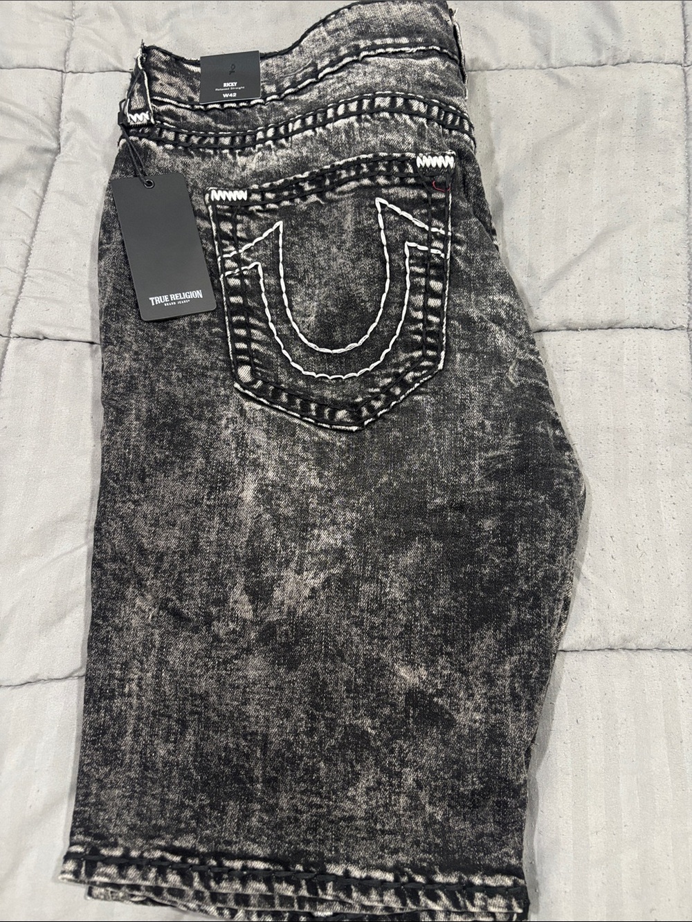 True Religion Black Gray Acid-Wash Denim Shorts